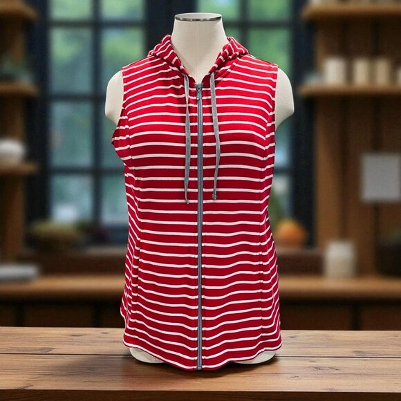 Quacker Factory Red Striped Sleeveless Hoodie Zip Vest 1X Y2K Coastal Cowgirl - Picture 1 of 10